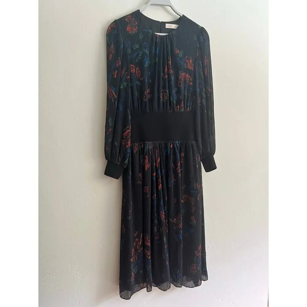 Tory Burch Floral Midi Dress in Ceramic Bouquet Long Sleeve Smocked Waist Size 6